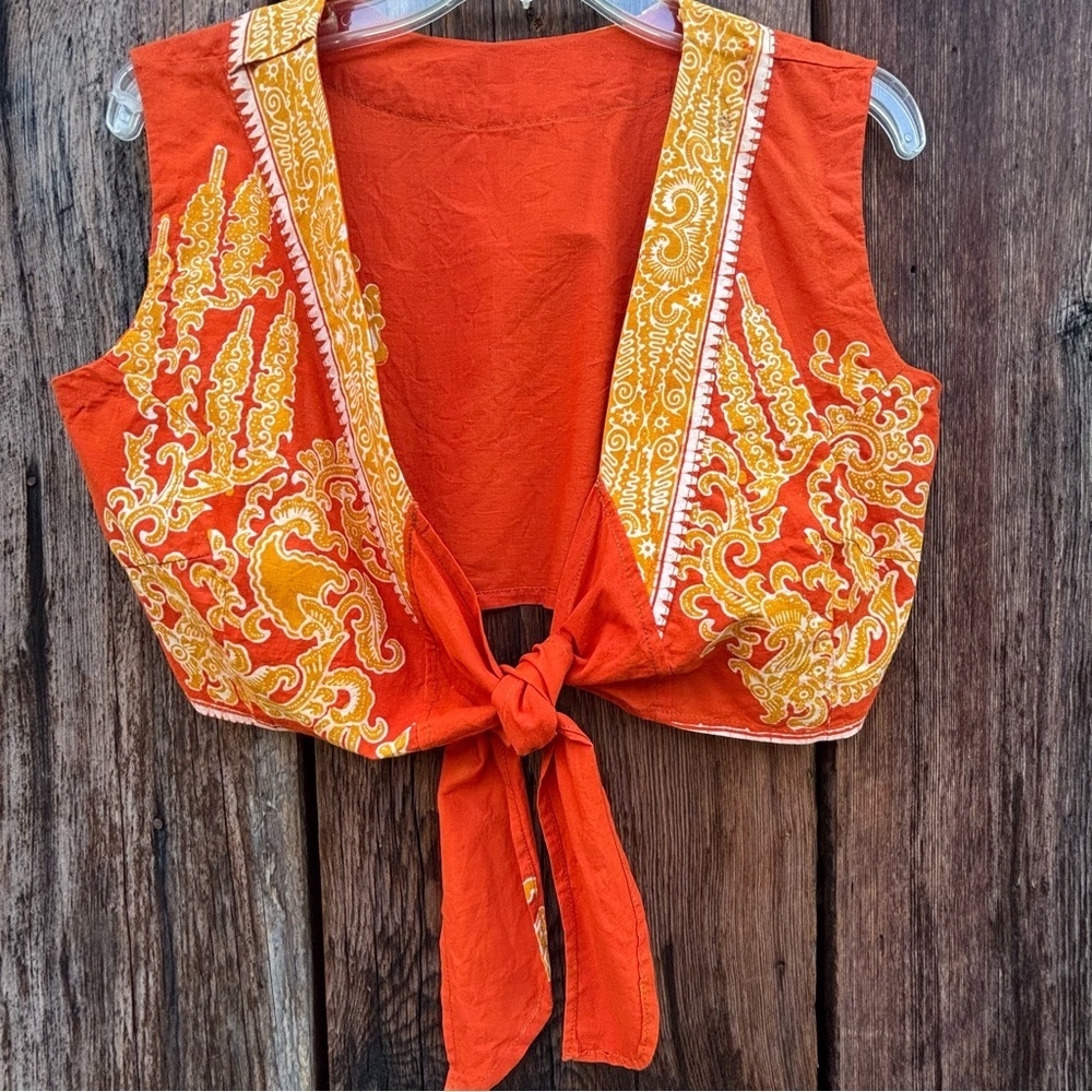 Bali Handmade Orange Gold Batik Top & Wraparound skirt. Vintage 1990’s size S - Picture 15 of 16